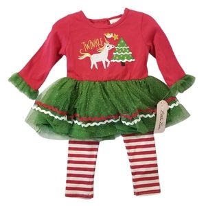 LITTLE LASS Christmas Unicorn 2 Piece Set Girls 18M Tulle Embroidered Holidays